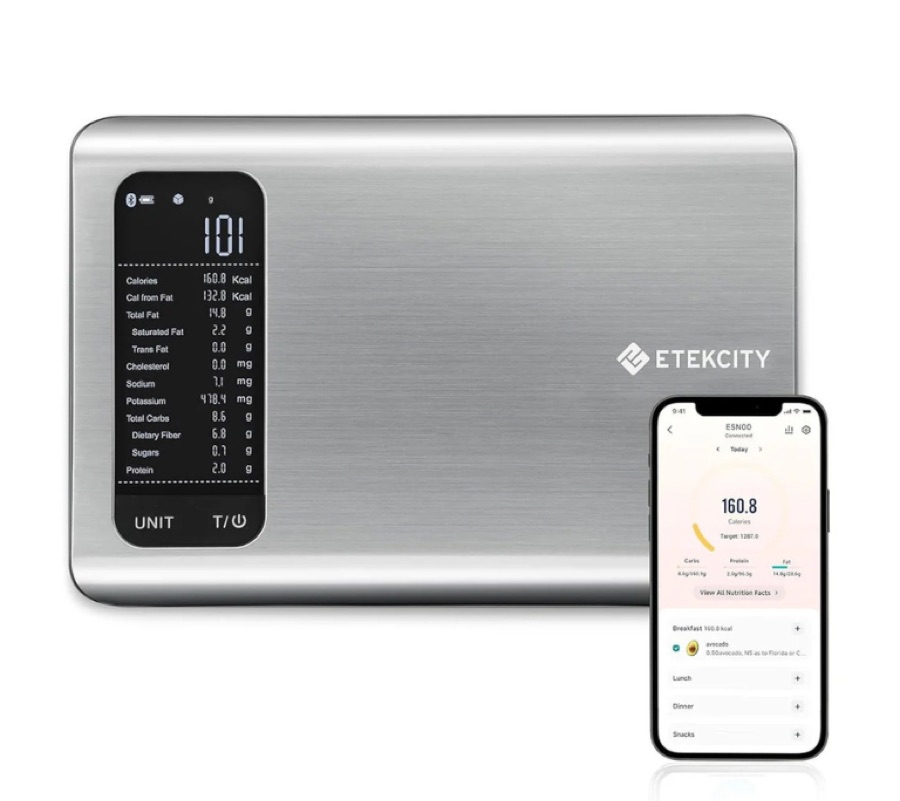 Etekcity ESN00 stainless steel nutrition scale beside its mobile app