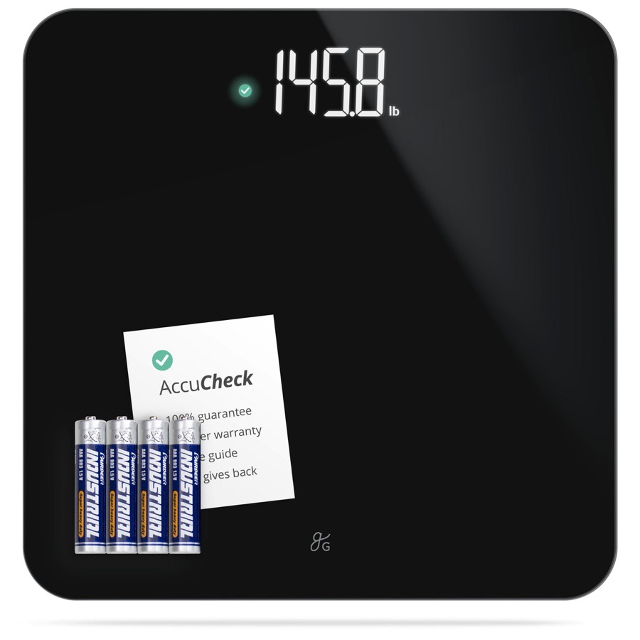 Black Greater Goods AccuCheck bathroom scale with display and included batteries