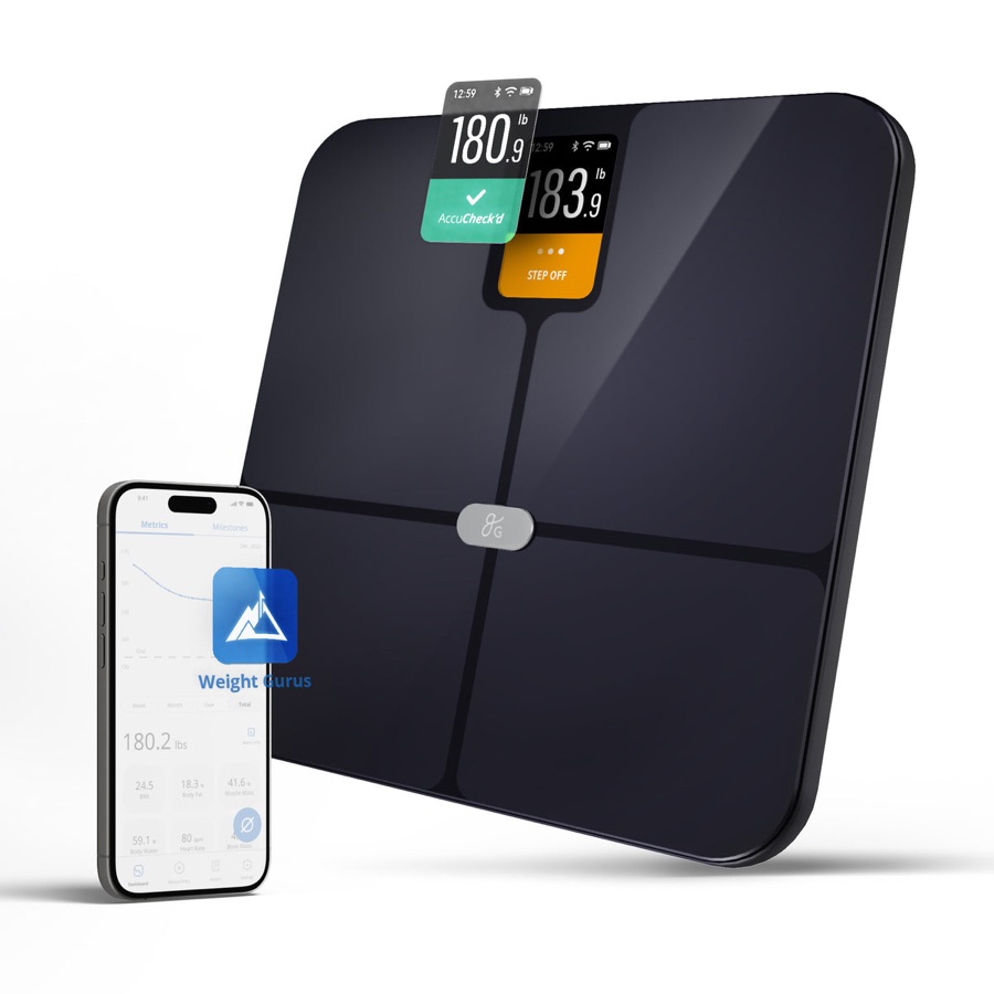 Black Greater Goods Verve smart scale beside its mobile app
