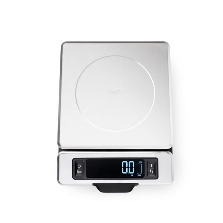 OXO stainless steel food scale with its display pulled forward