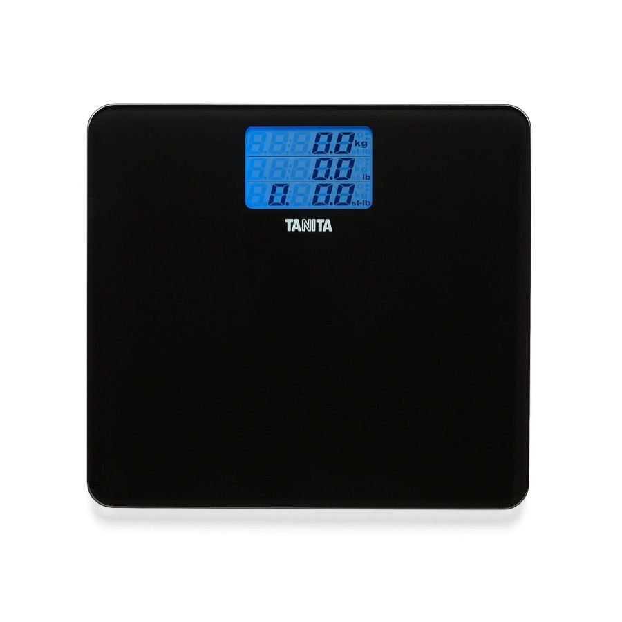 Black TANITA HD-384 digital bathroom scale with blue display